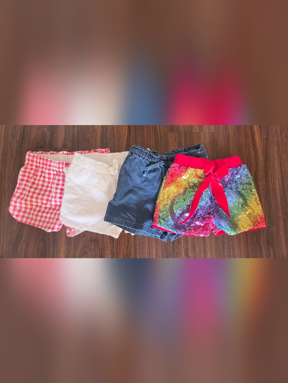 Girls' Denim Paperbag Waist Shorts with Rainbow Sequin Accent